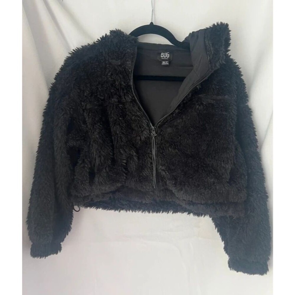 BDG Black Fuzzy Teddy Zip Hoodie (Cropped)